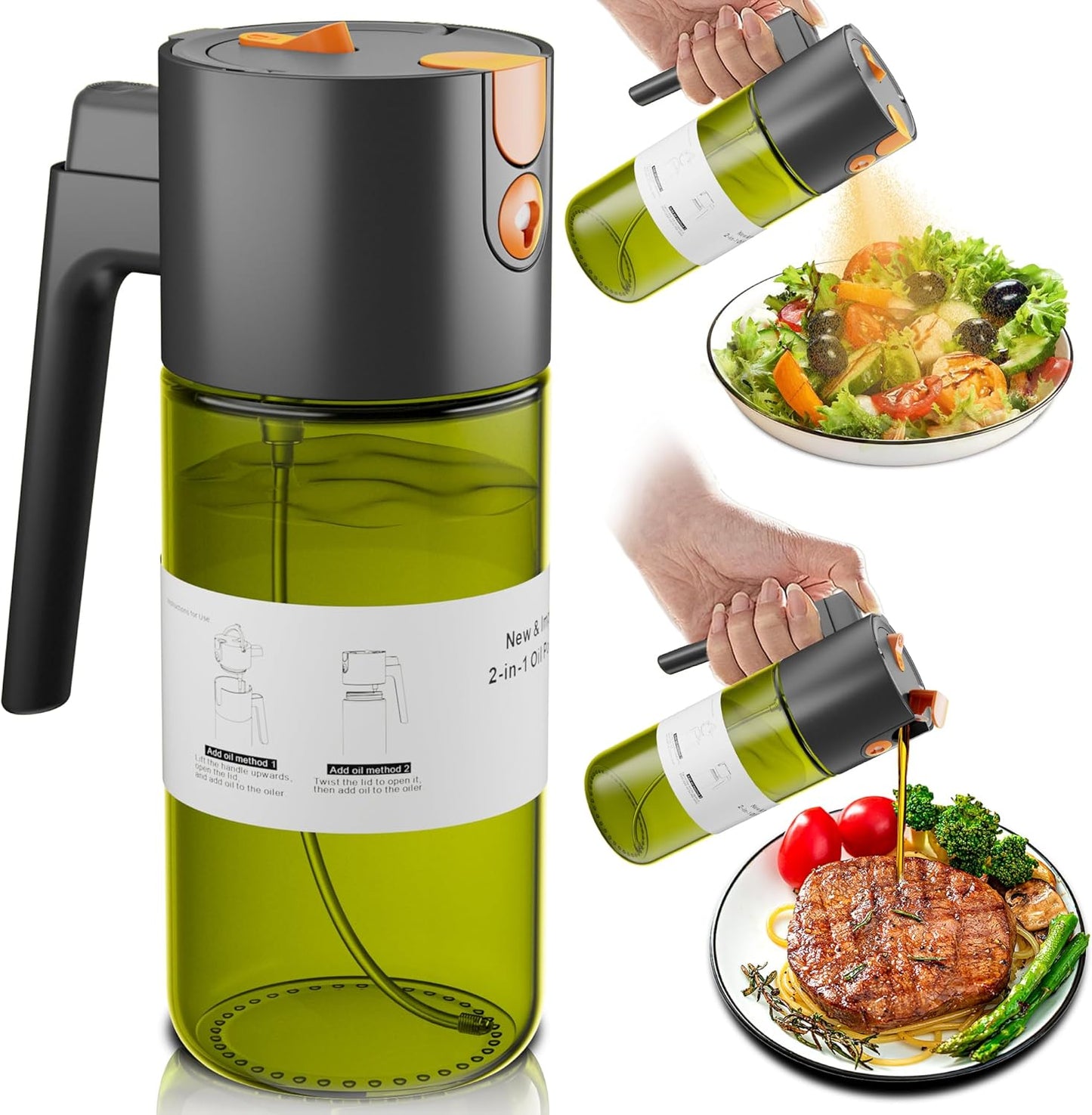 2 in 1 Oil Sprayer & Dispenser, 17 oz Light-Blocking Glass Bottle | Large Capacity, Wide-Mouth for Easy Pouring and Cleaning, Leak-Proof Oil Bottle with Stickers for Salads, Air Fryers, BBQ