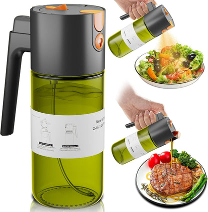2 in 1 Oil Sprayer & Dispenser, 17 oz Light-Blocking Glass Bottle | Large Capacity, Wide-Mouth for Easy Pouring and Cleaning, Leak-Proof Oil Bottle with Stickers for Salads, Air Fryers, BBQ