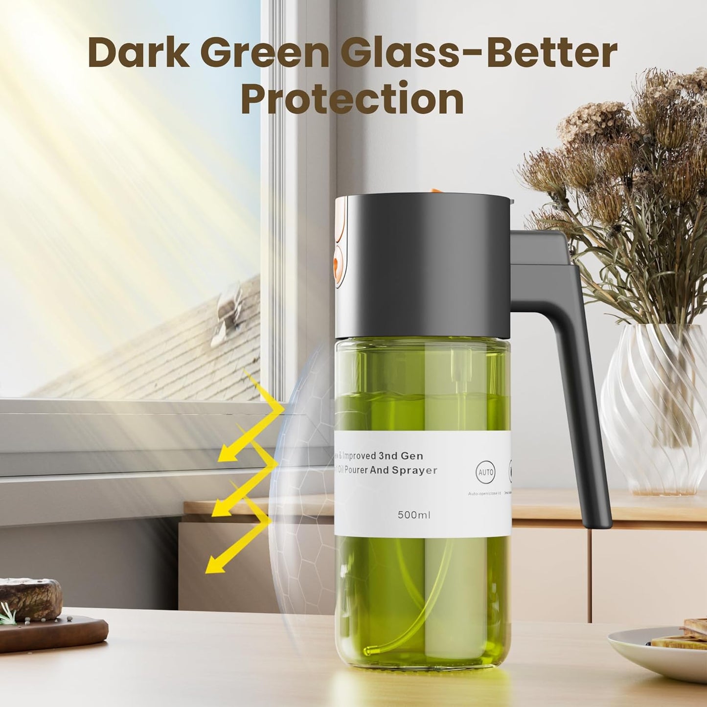 2 in 1 Oil Sprayer & Dispenser, 17 oz Light-Blocking Glass Bottle | Large Capacity, Wide-Mouth for Easy Pouring and Cleaning, Leak-Proof Oil Bottle with Stickers for Salads, Air Fryers, BBQ