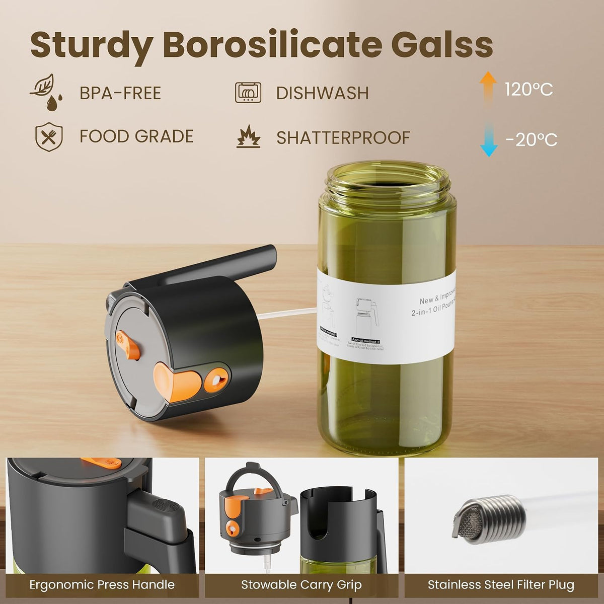 2 in 1 Oil Sprayer & Dispenser, 17 oz Light-Blocking Glass Bottle | Large Capacity, Wide-Mouth for Easy Pouring and Cleaning, Leak-Proof Oil Bottle with Stickers for Salads, Air Fryers, BBQ