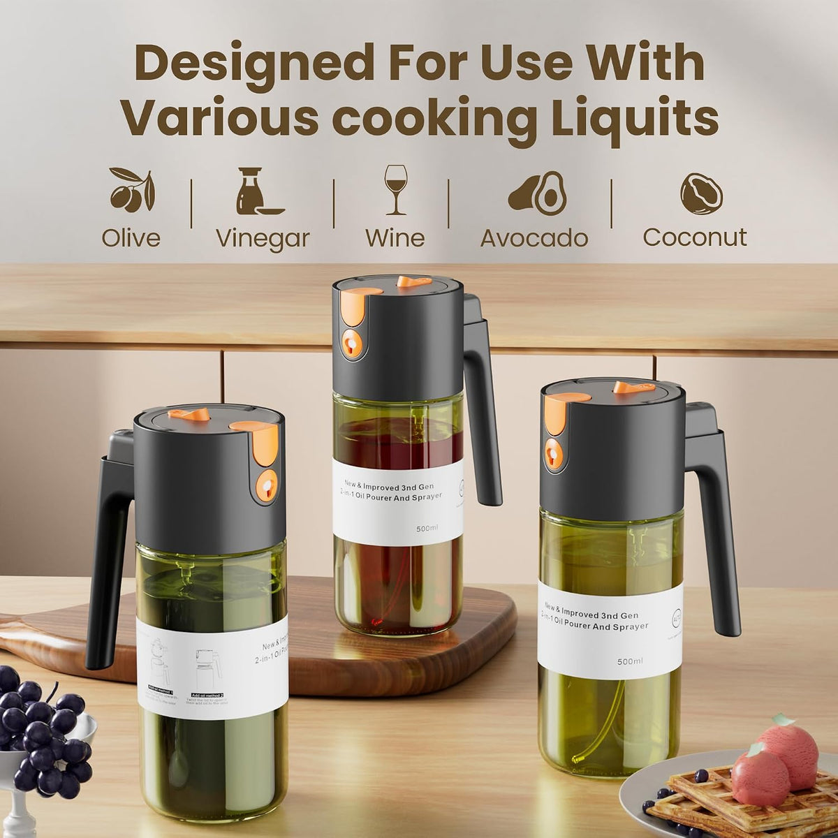 2 in 1 Oil Sprayer & Dispenser, 17 oz Light-Blocking Glass Bottle | Large Capacity, Wide-Mouth for Easy Pouring and Cleaning, Leak-Proof Oil Bottle with Stickers for Salads, Air Fryers, BBQ