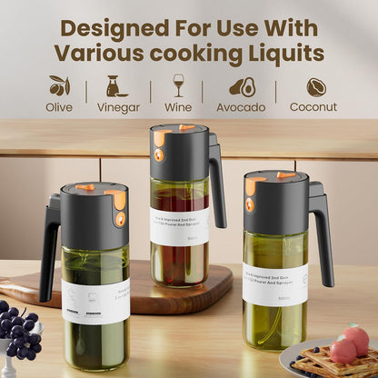 2 in 1 Oil Sprayer & Dispenser, 17 oz Light-Blocking Glass Bottle | Large Capacity, Wide-Mouth for Easy Pouring and Cleaning, Leak-Proof Oil Bottle with Stickers for Salads, Air Fryers, BBQ