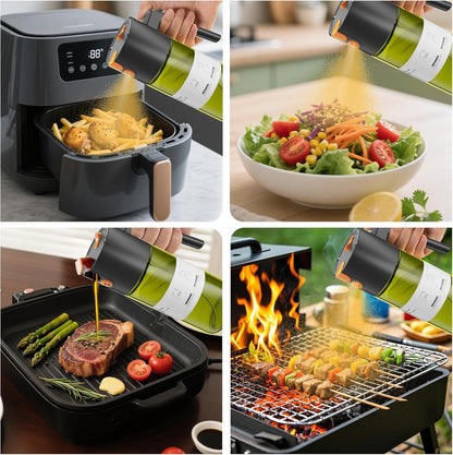 2 in 1 Oil Sprayer & Dispenser, 17 oz Light-Blocking Glass Bottle | Large Capacity, Wide-Mouth for Easy Pouring and Cleaning, Leak-Proof Oil Bottle with Stickers for Salads, Air Fryers, BBQ