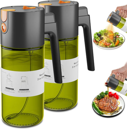 2 in 1 Oil Sprayer & Dispenser, 17 oz Light-Blocking Glass Bottle | Large Capacity, Wide-Mouth for Easy Pouring and Cleaning, Leak-Proof Oil Bottle with Stickers for Salads, Air Fryers, BBQ
