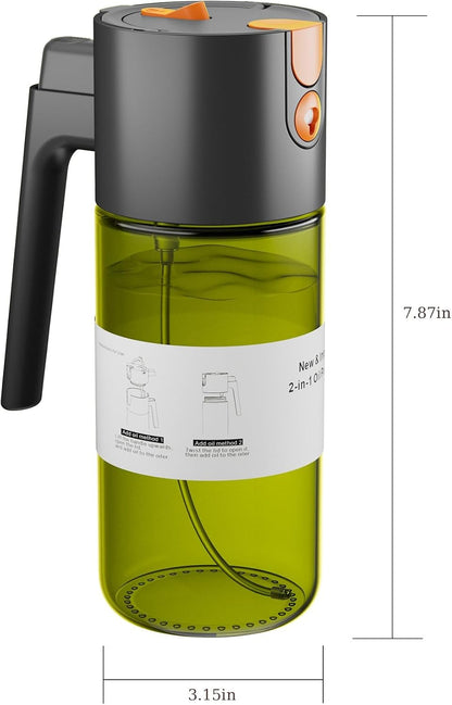 2 in 1 Oil Sprayer & Dispenser, 17 oz Light-Blocking Glass Bottle | Large Capacity, Wide-Mouth for Easy Pouring and Cleaning, Leak-Proof Oil Bottle with Stickers for Salads, Air Fryers, BBQ