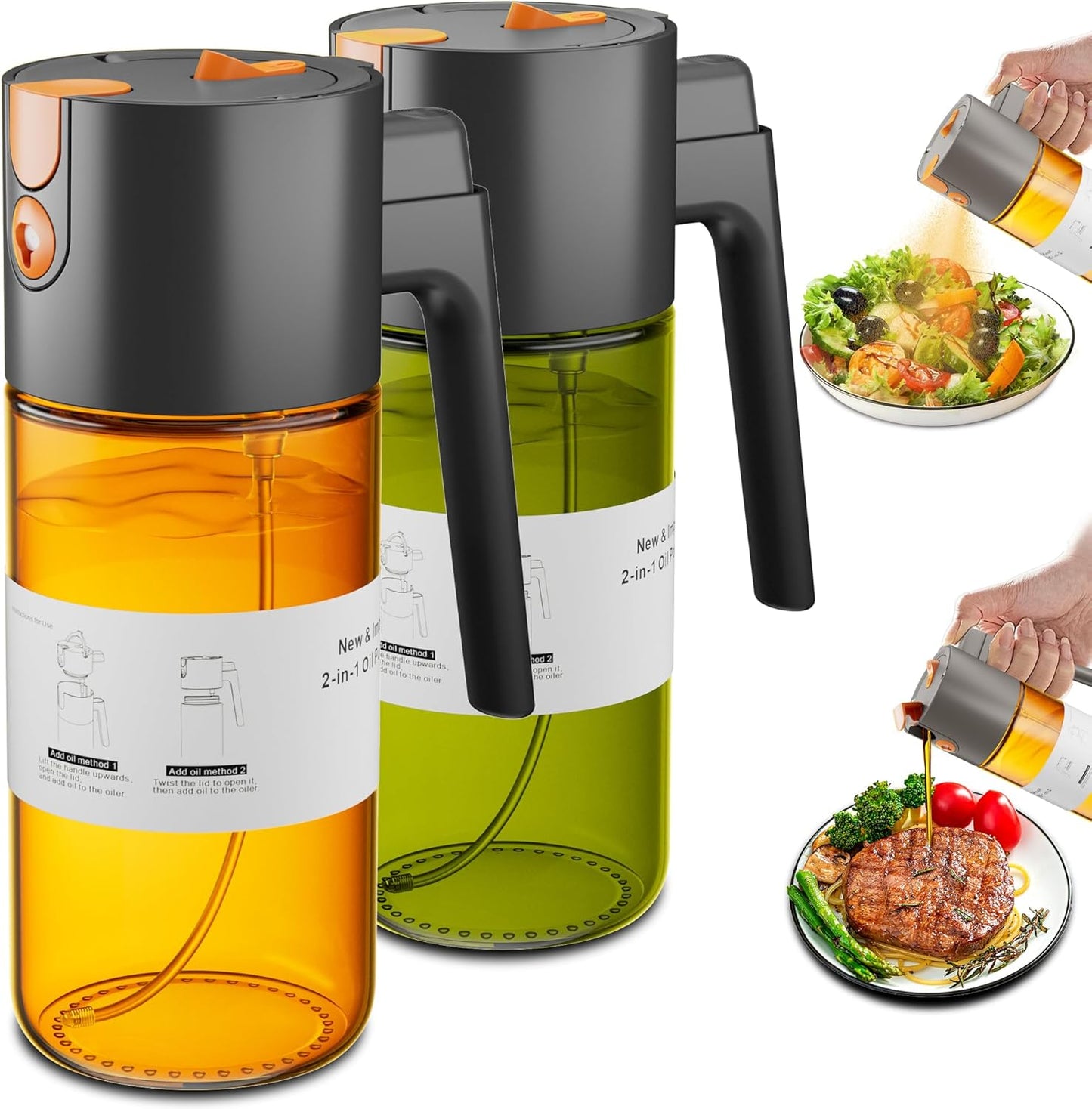 2 in 1 Oil Sprayer & Dispenser, 17 oz Light-Blocking Glass Bottle | Large Capacity, Wide-Mouth for Easy Pouring and Cleaning, Leak-Proof Oil Bottle with Stickers for Salads, Air Fryers, BBQ