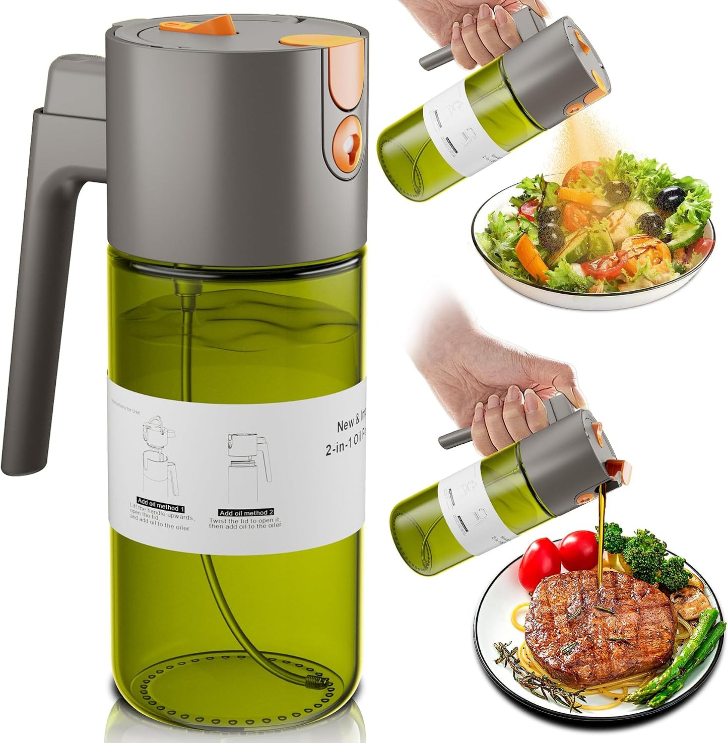 2 in 1 Oil Sprayer & Dispenser, 17 oz Light-Blocking Glass Bottle | Large Capacity, Wide-Mouth for Easy Pouring and Cleaning, Leak-Proof Oil Bottle with Stickers for Salads, Air Fryers, BBQ
