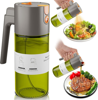 2 in 1 Oil Sprayer & Dispenser, 17 oz Light-Blocking Glass Bottle | Large Capacity, Wide-Mouth for Easy Pouring and Cleaning, Leak-Proof Oil Bottle with Stickers for Salads, Air Fryers, BBQ