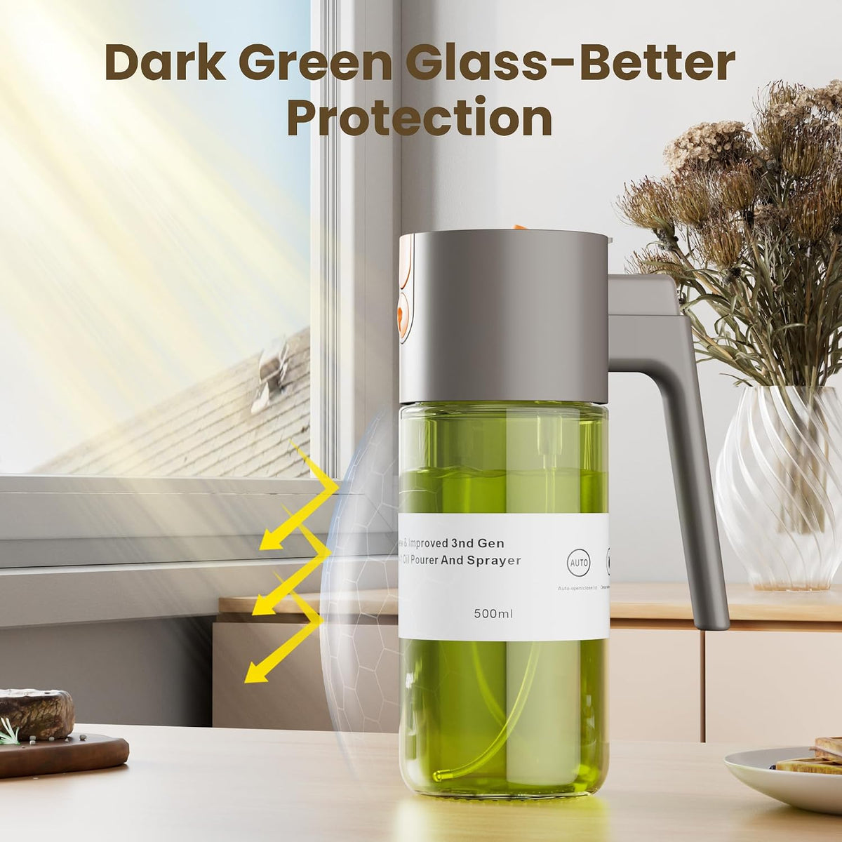 2 in 1 Oil Sprayer & Dispenser, 17 oz Light-Blocking Glass Bottle | Large Capacity, Wide-Mouth for Easy Pouring and Cleaning, Leak-Proof Oil Bottle with Stickers for Salads, Air Fryers, BBQ