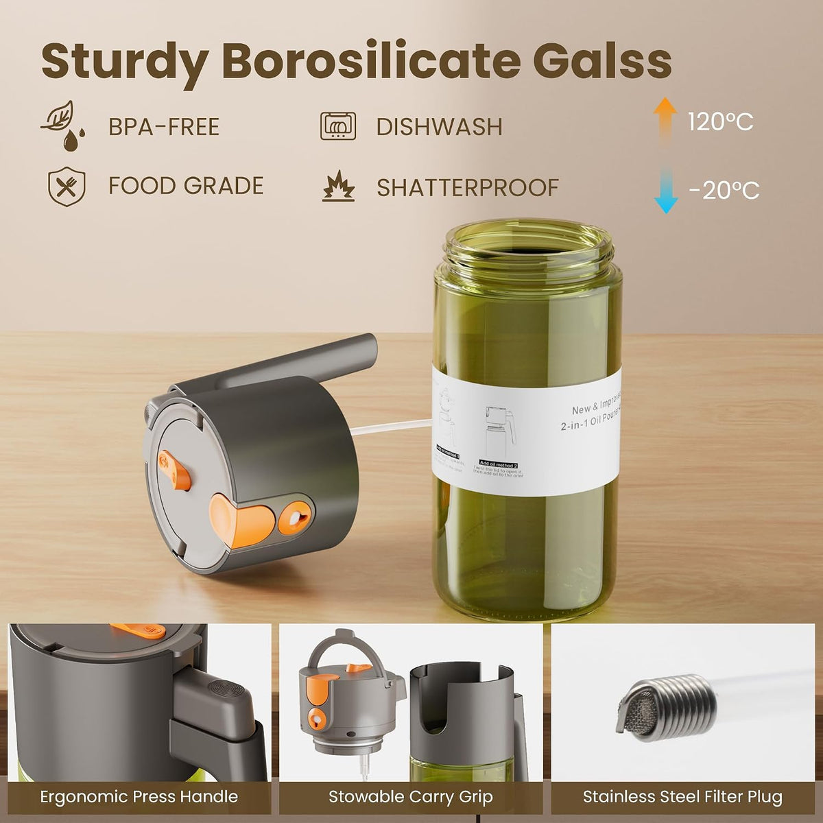 2 in 1 Oil Sprayer & Dispenser, 17 oz Light-Blocking Glass Bottle | Large Capacity, Wide-Mouth for Easy Pouring and Cleaning, Leak-Proof Oil Bottle with Stickers for Salads, Air Fryers, BBQ
