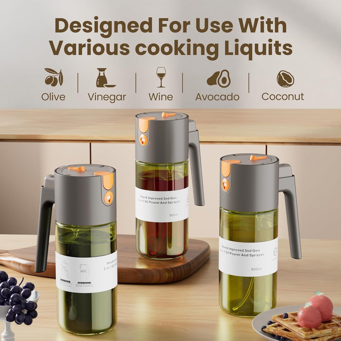 2 in 1 Oil Sprayer & Dispenser, 17 oz Light-Blocking Glass Bottle | Large Capacity, Wide-Mouth for Easy Pouring and Cleaning, Leak-Proof Oil Bottle with Stickers for Salads, Air Fryers, BBQ