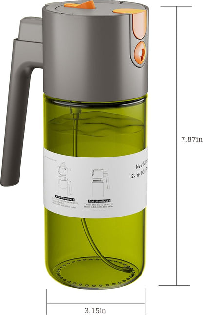 2 in 1 Oil Sprayer & Dispenser, 17 oz Light-Blocking Glass Bottle | Large Capacity, Wide-Mouth for Easy Pouring and Cleaning, Leak-Proof Oil Bottle with Stickers for Salads, Air Fryers, BBQ