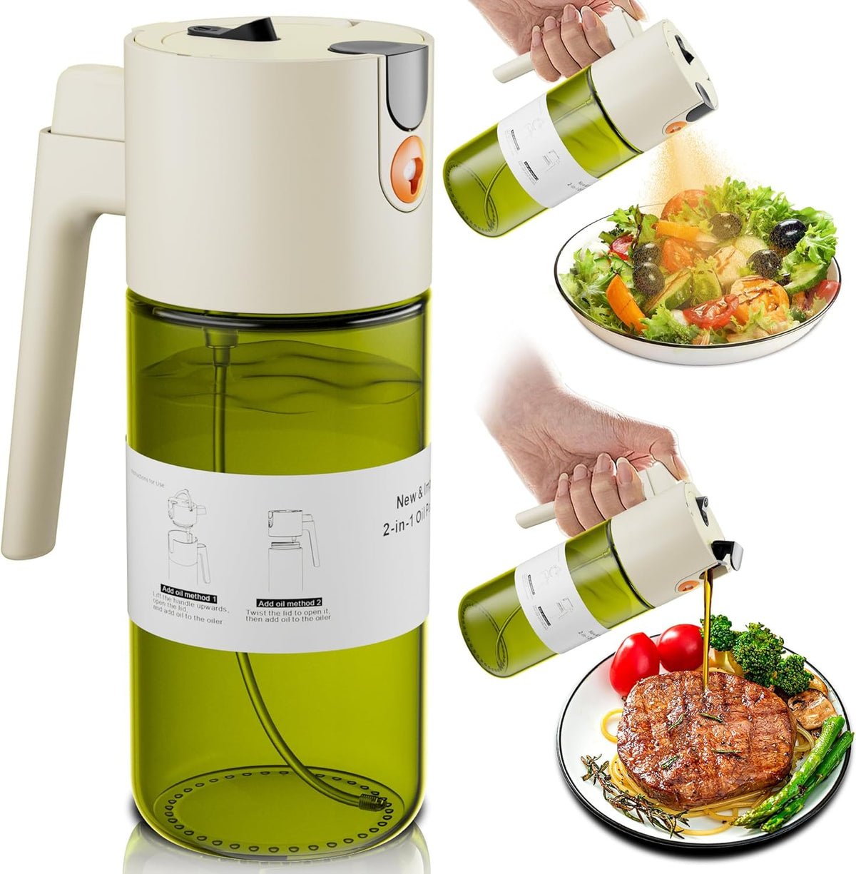 2 in 1 Oil Sprayer & Dispenser, 17 oz Light-Blocking Glass Bottle | Large Capacity, Wide-Mouth for Easy Pouring and Cleaning, Leak-Proof Oil Bottle with Stickers for Salads, Air Fryers, BBQ