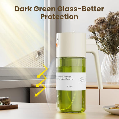 2 in 1 Oil Sprayer & Dispenser, 17 oz Light-Blocking Glass Bottle | Large Capacity, Wide-Mouth for Easy Pouring and Cleaning, Leak-Proof Oil Bottle with Stickers for Salads, Air Fryers, BBQ