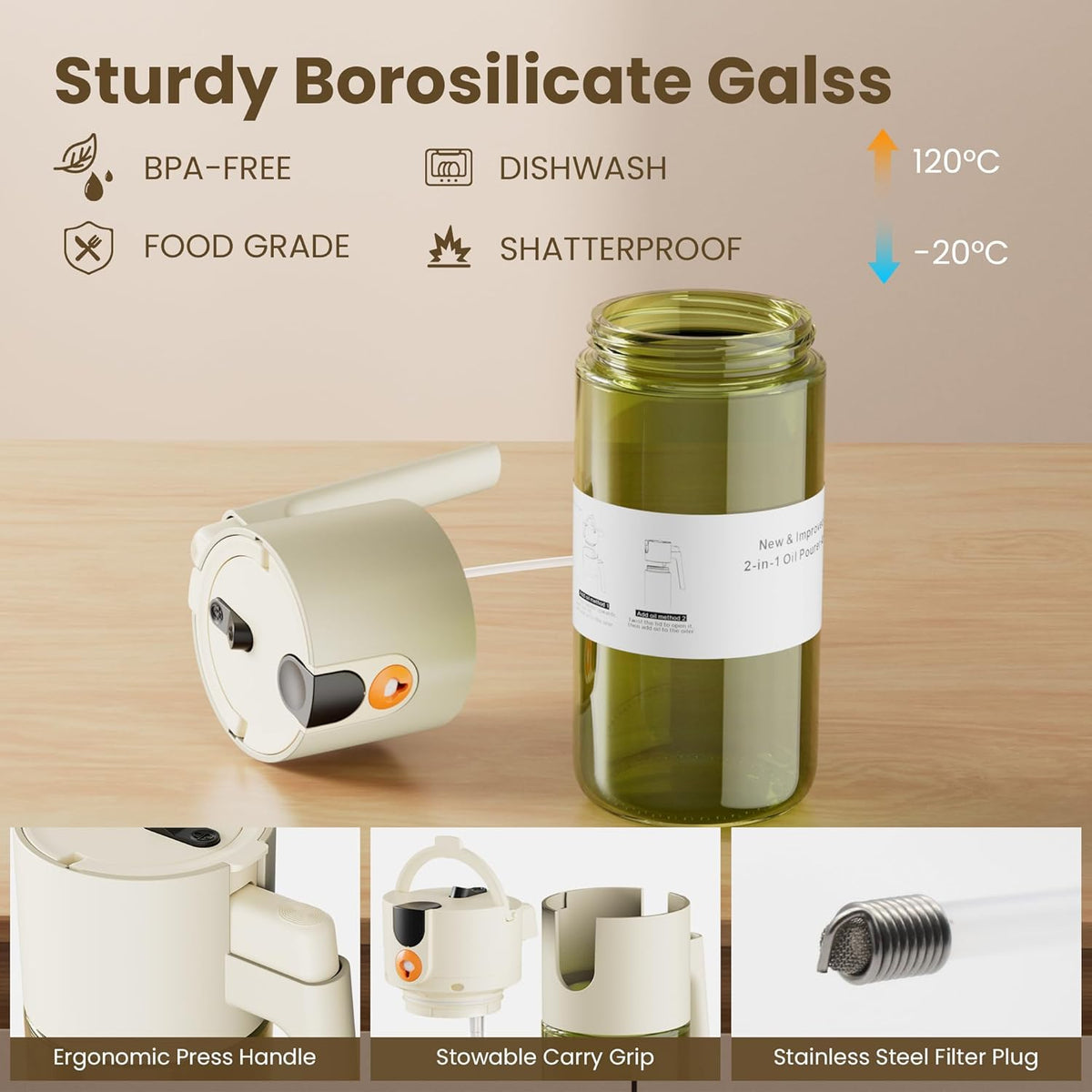 2 in 1 Oil Sprayer & Dispenser, 17 oz Light-Blocking Glass Bottle | Large Capacity, Wide-Mouth for Easy Pouring and Cleaning, Leak-Proof Oil Bottle with Stickers for Salads, Air Fryers, BBQ