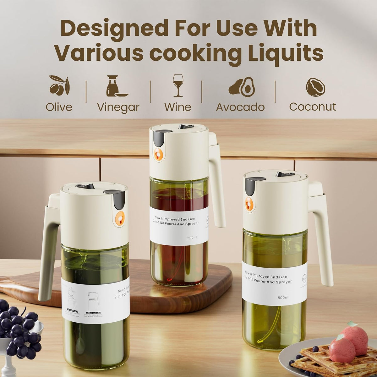 2 in 1 Oil Sprayer & Dispenser, 17 oz Light-Blocking Glass Bottle | Large Capacity, Wide-Mouth for Easy Pouring and Cleaning, Leak-Proof Oil Bottle with Stickers for Salads, Air Fryers, BBQ