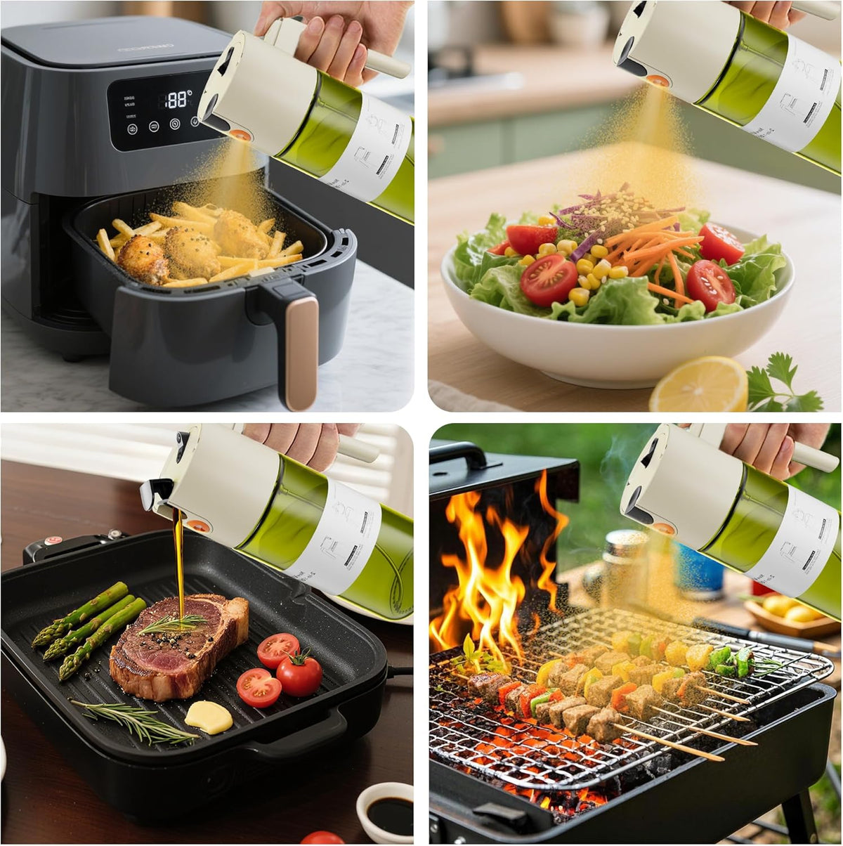 2 in 1 Oil Sprayer & Dispenser, 17 oz Light-Blocking Glass Bottle | Large Capacity, Wide-Mouth for Easy Pouring and Cleaning, Leak-Proof Oil Bottle with Stickers for Salads, Air Fryers, BBQ