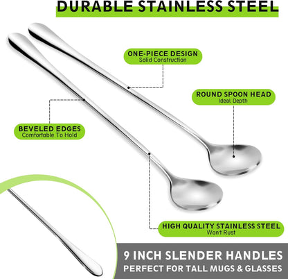 9-Inch Long Coffee Spoons for Coffee Bar, Coffee Stirrers Ice Cream Spoon Tea Spoons Stainless Steel Long Spoon for Cocktail Stirring Iced Tea, Coffee Bar Accessories (2-Pack)