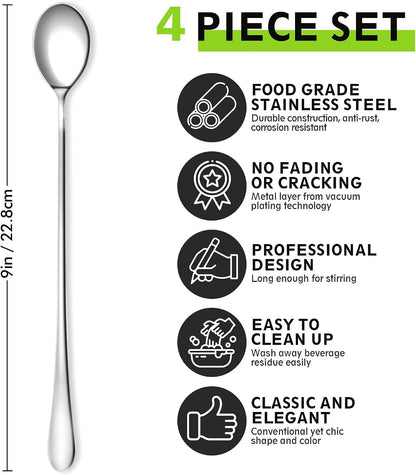 9-Inch Long Coffee Spoons for Coffee Bar, Coffee Stirrers Ice Cream Spoon Tea Spoons Stainless Steel Long Spoon for Cocktail Stirring Iced Tea, Coffee Bar Accessories (2-Pack)