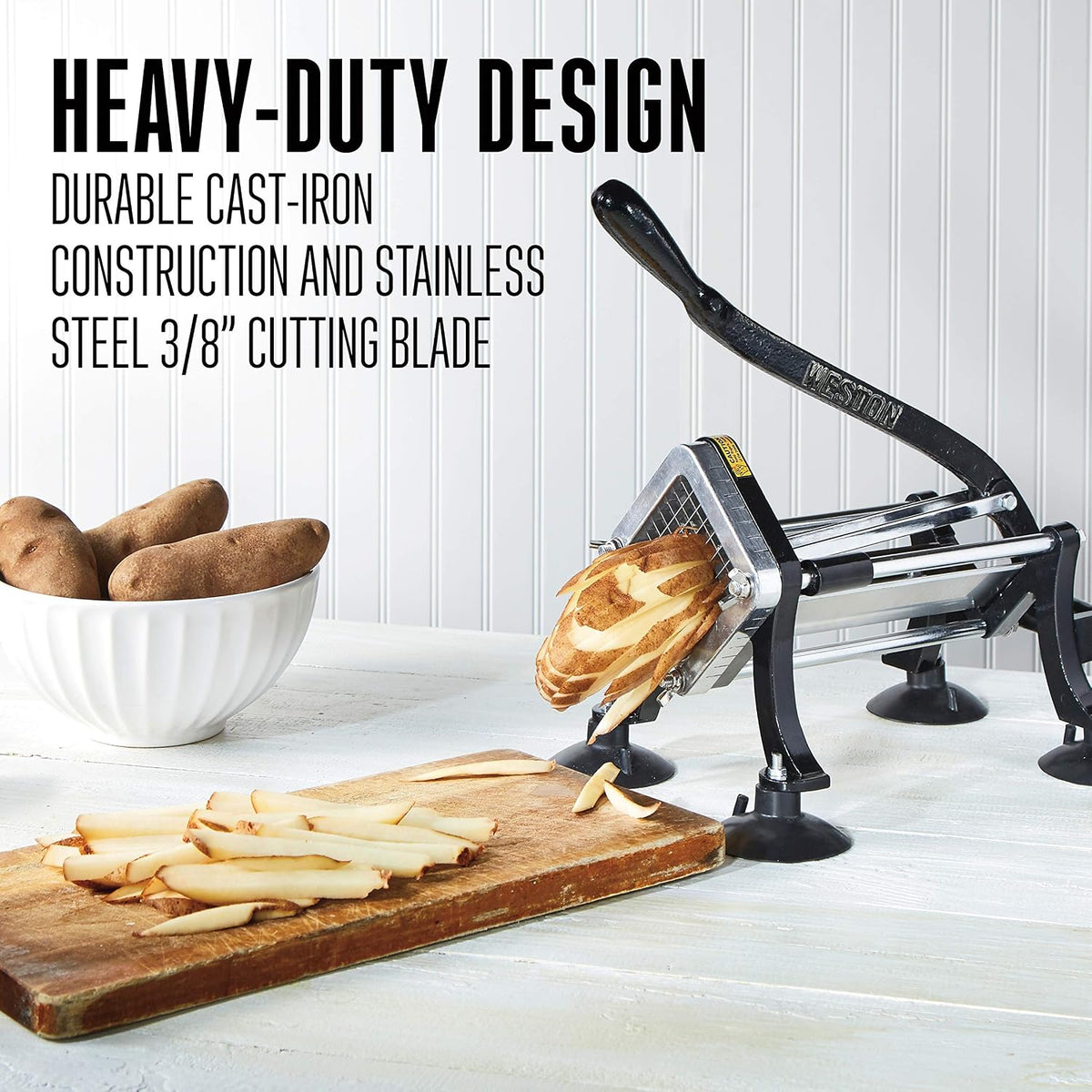 Professional French Fry Cutter for Potatoes and Vegetable Dicer, 3/8” Stainless Steel Cutting Blade, Suction Cup and Wall-Mount Feet, Restaurant-Quality, Black (36-3550-W)