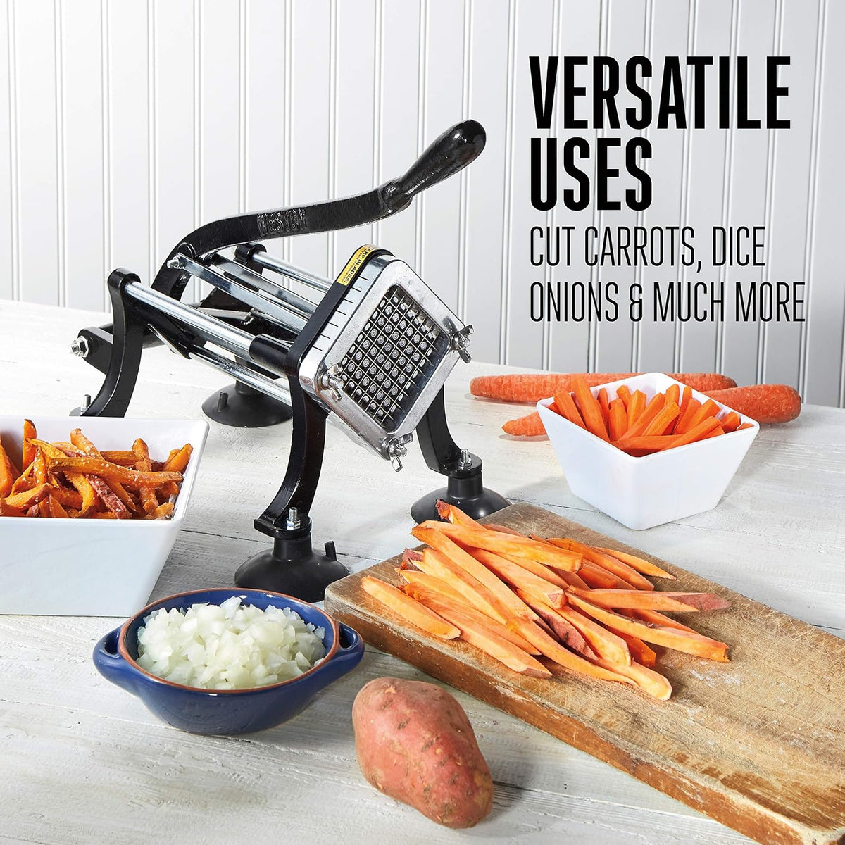 Professional French Fry Cutter for Potatoes and Vegetable Dicer, 3/8” Stainless Steel Cutting Blade, Suction Cup and Wall-Mount Feet, Restaurant-Quality, Black (36-3550-W)