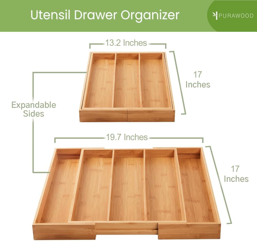Bamboo Drawer Organizer - Expandable Silverware Organizer & Utensil Drawer Organizer, Cutlery Tray with Dividers, 7-9 Slots- Kitchen Organizer for Utensils & Flatware (Natural)