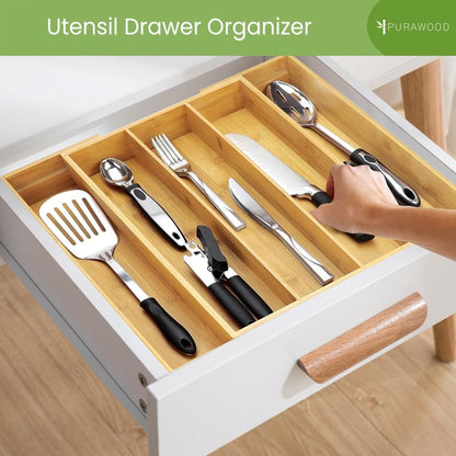 Bamboo Drawer Organizer - Expandable Silverware Organizer & Utensil Drawer Organizer, Cutlery Tray with Dividers, 7-9 Slots- Kitchen Organizer for Utensils & Flatware (Natural)
