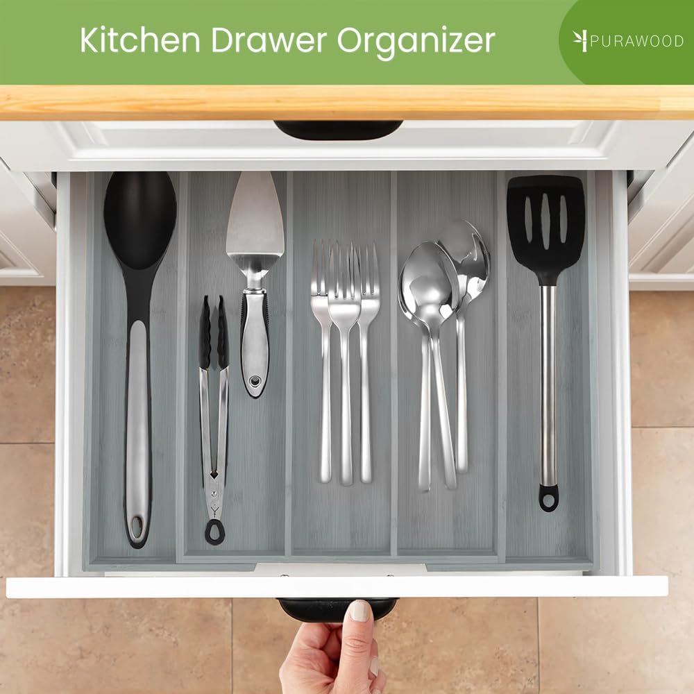 Bamboo Drawer Organizer - Expandable Silverware Organizer & Utensil Drawer Organizer, Cutlery Tray with Dividers, 7-9 Slots- Kitchen Organizer for Utensils & Flatware (Natural)