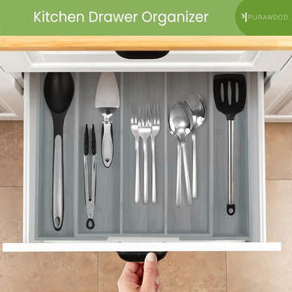 Bamboo Drawer Organizer - Expandable Silverware Organizer & Utensil Drawer Organizer, Cutlery Tray with Dividers, 7-9 Slots- Kitchen Organizer for Utensils & Flatware (Natural)