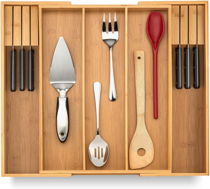 Bamboo Drawer Organizer - Expandable Silverware Organizer & Utensil Drawer Organizer, Cutlery Tray with Dividers, 7-9 Slots- Kitchen Organizer for Utensils & Flatware (Natural)