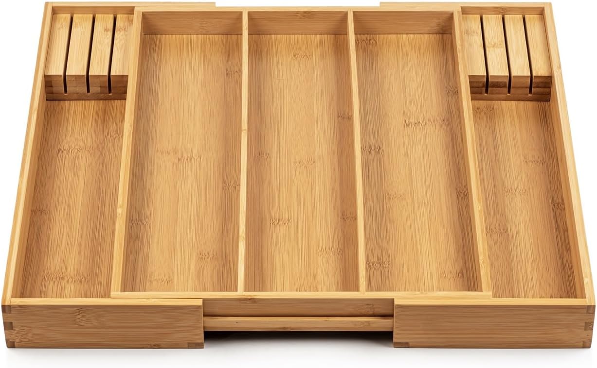 Bamboo Drawer Organizer - Expandable Silverware Organizer & Utensil Drawer Organizer, Cutlery Tray with Dividers, 7-9 Slots- Kitchen Organizer for Utensils & Flatware (Natural)
