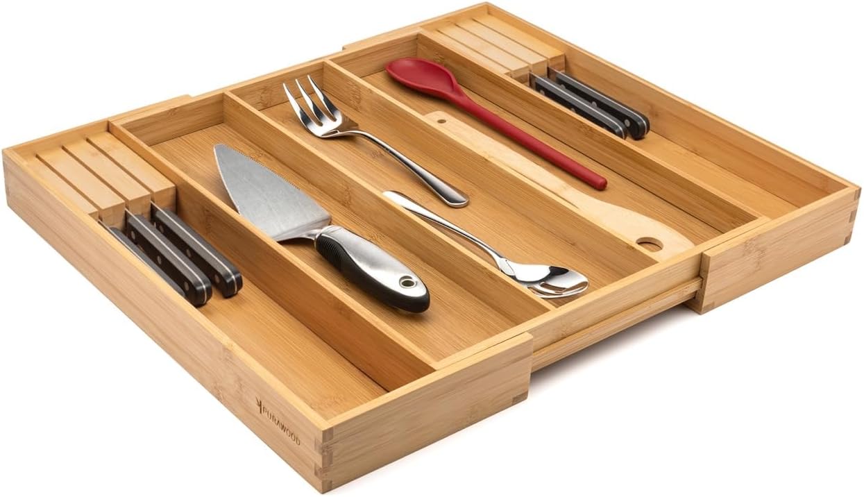 Bamboo Drawer Organizer - Expandable Silverware Organizer & Utensil Drawer Organizer, Cutlery Tray with Dividers, 7-9 Slots- Kitchen Organizer for Utensils & Flatware (Natural)