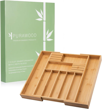 Bamboo Drawer Organizer - Expandable Silverware Organizer & Utensil Drawer Organizer, Cutlery Tray with Dividers, 7-9 Slots- Kitchen Organizer for Utensils & Flatware (Natural)