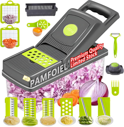 16-IN-1 Effortless Press-Handle Food Chopper withThick ABS Container - Anti-Jam Design, ComfortableGrip, Veggie Cutter That Saves Your Wrists