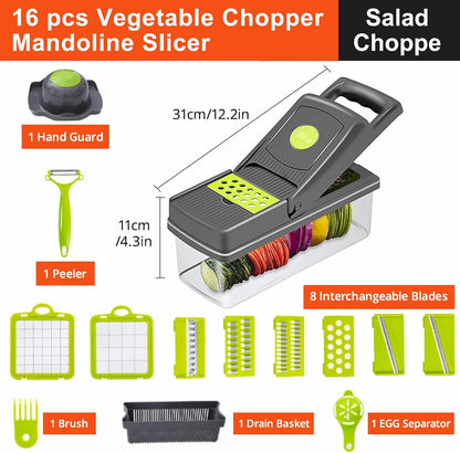16-IN-1 Effortless Press-Handle Food Chopper withThick ABS Container - Anti-Jam Design, ComfortableGrip, Veggie Cutter That Saves Your Wrists