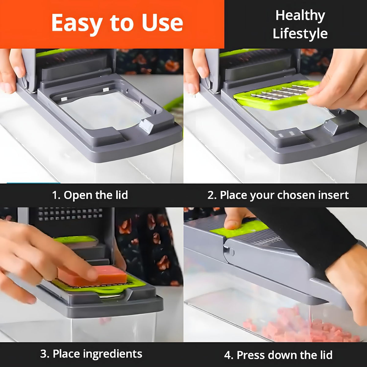 16-IN-1 Effortless Press-Handle Food Chopper withThick ABS Container - Anti-Jam Design, ComfortableGrip, Veggie Cutter That Saves Your Wrists