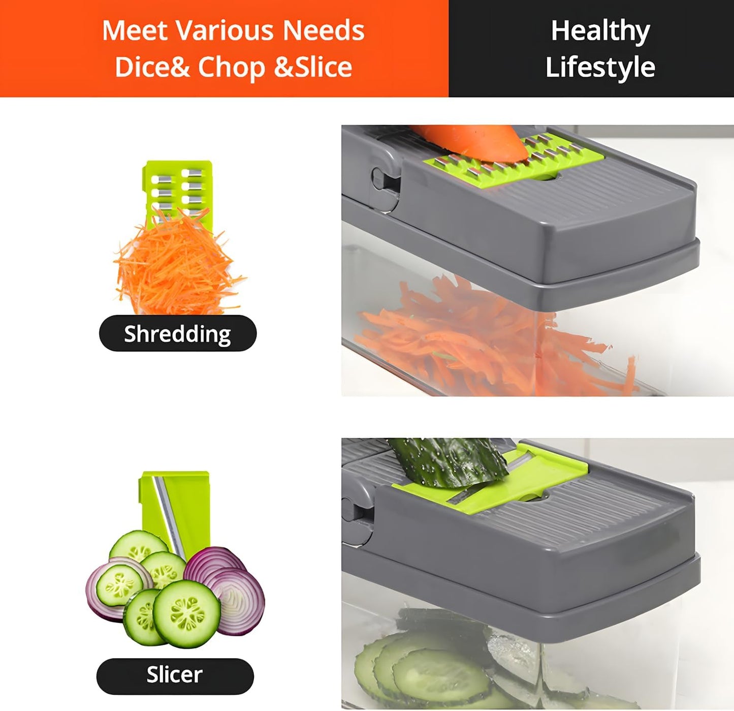 16-IN-1 Effortless Press-Handle Food Chopper withThick ABS Container - Anti-Jam Design, ComfortableGrip, Veggie Cutter That Saves Your Wrists
