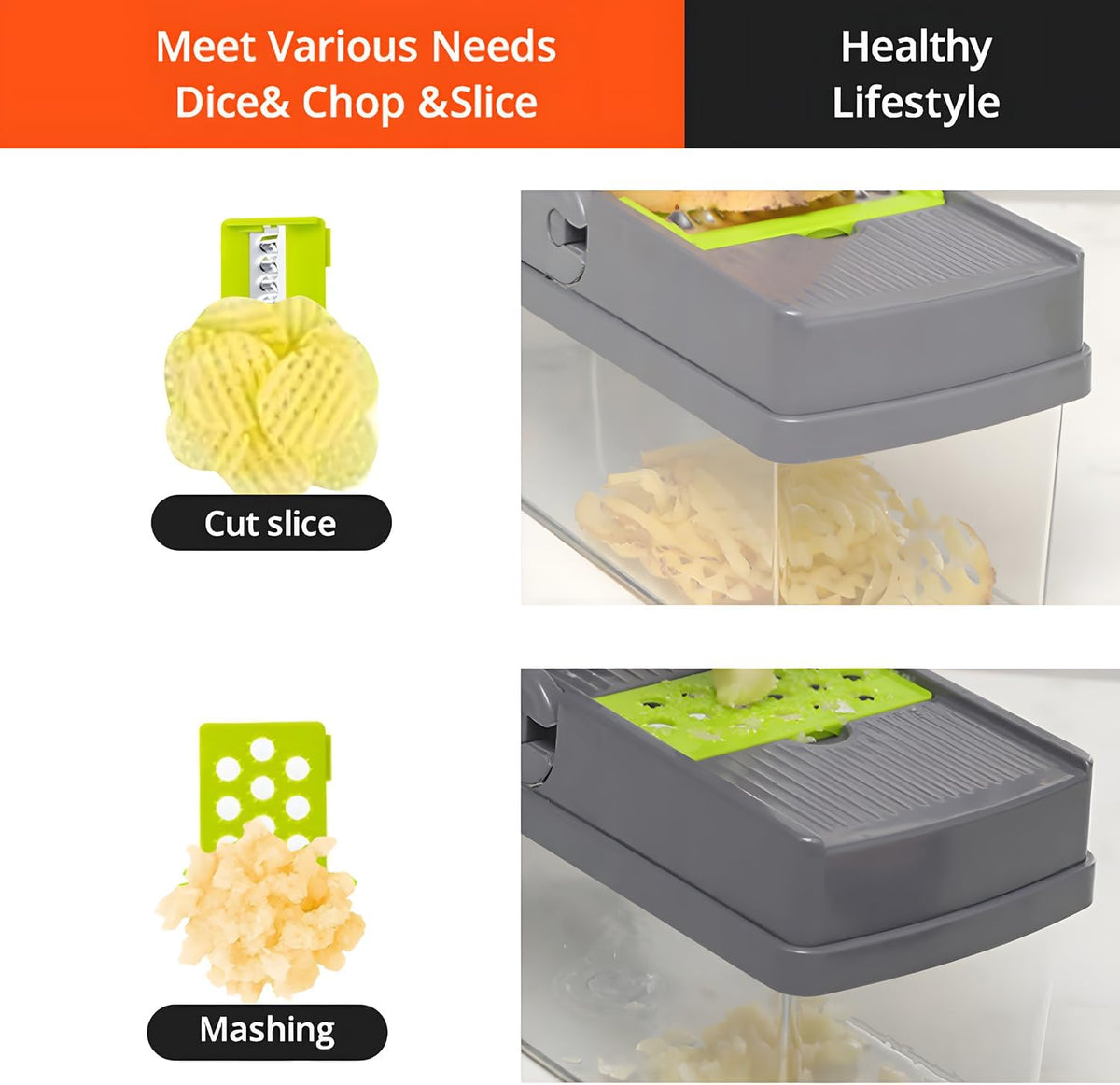 16-IN-1 Effortless Press-Handle Food Chopper withThick ABS Container - Anti-Jam Design, ComfortableGrip, Veggie Cutter That Saves Your Wrists