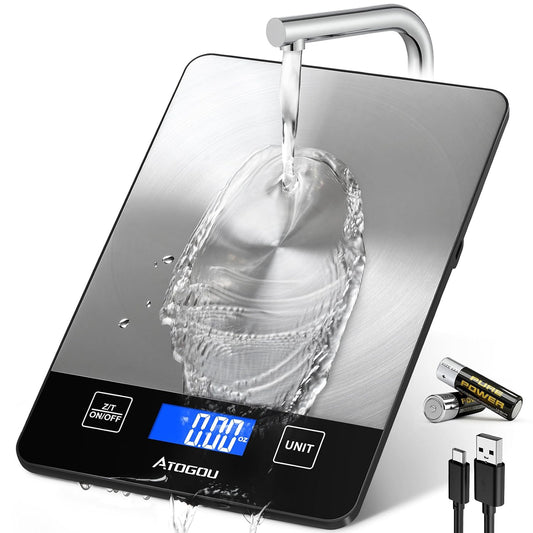 Food Scale - 33lb Digital Kitchen Scale Ounces Grams, Rechargeable & Full-View Display, Water-Resistant, Batteries or USB-C Charging, Stainless Steel, for Cooking, Meal Prep, Package (Black)