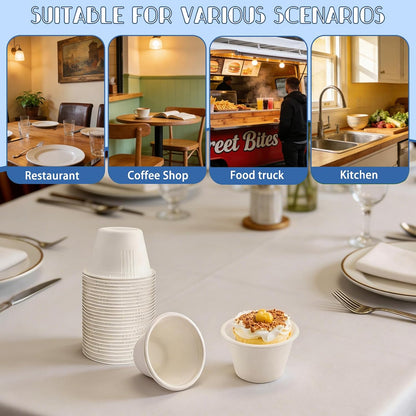 100 Pack 4oz Disposable Paper Cups with Lids, Small Ice Cream Cups, 4 Ounce Natural Bagasse Fiber Recycleable Paper Bowls for Portion Condiments, Sauce, Souffle (100, White)