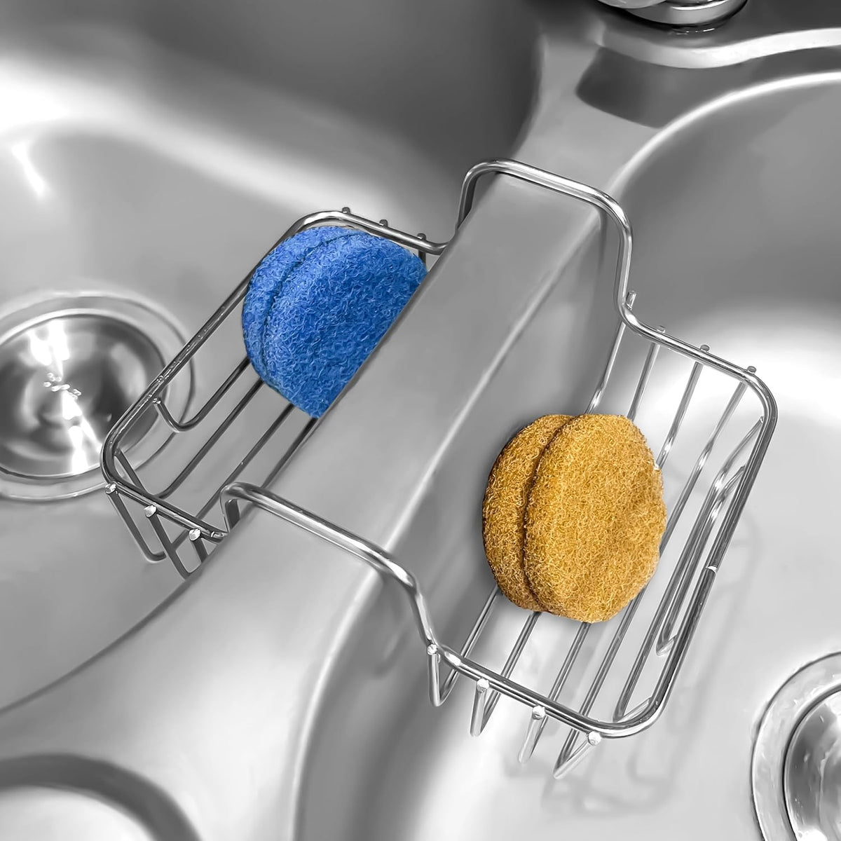 Stainless Steel Sponge Holder for Kitchen Sink - Never Rust Hanging Saddle Double for Soap Kitchen Sink Caddy 2.2 inch, Rustproof Organizer for Dishwashing and Brush Drying