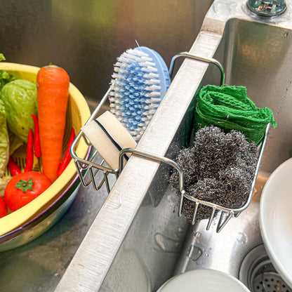 Stainless Steel Sponge Holder for Kitchen Sink - Never Rust Hanging Saddle Double for Soap Kitchen Sink Caddy 2.2 inch, Rustproof Organizer for Dishwashing and Brush Drying