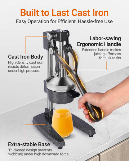 Heavy Duty Cast Iron Manual Juicer, Professional Citrus Press Squeezer for Orange, Pomegranate, Lemon & Lime, Commercial Hand Press Juicer with 304 Stainless Steel Cup