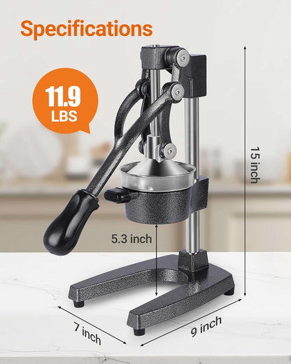 Heavy Duty Cast Iron Manual Juicer, Professional Citrus Press Squeezer for Orange, Pomegranate, Lemon & Lime, Commercial Hand Press Juicer with 304 Stainless Steel Cup