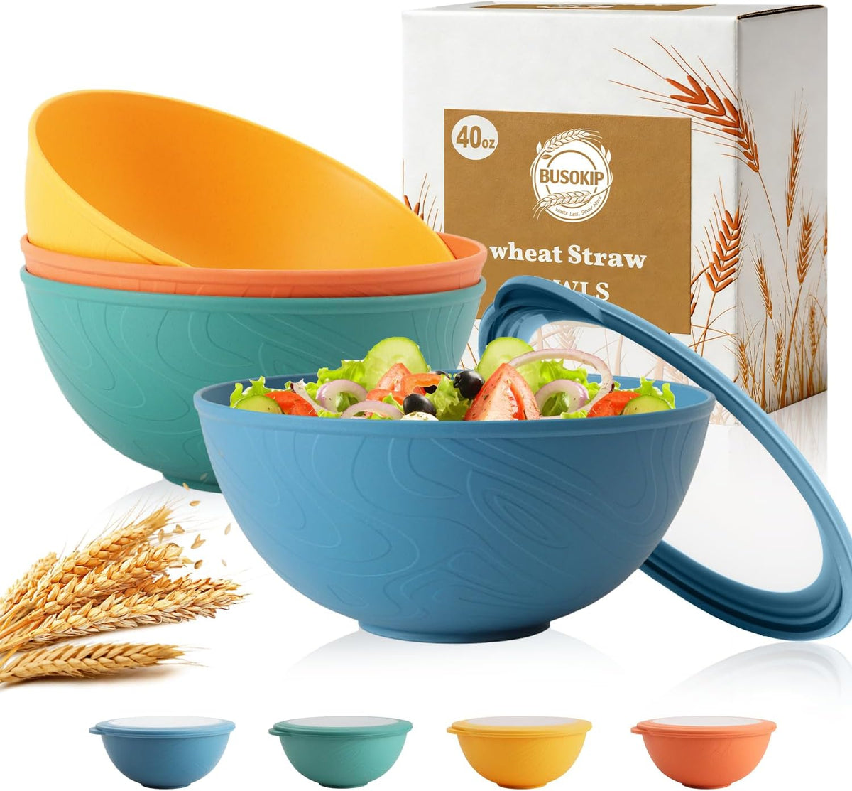 Wheat Straw Bowls 40 OZ, Unbreakable Salad Container for Lunch, Plastic Bowls with Lids, Microwavable Meal Prep Bowls for Cereal, Ramen, Soup, Leftovers - 4 Large Bowls and 4 Lids, Multi