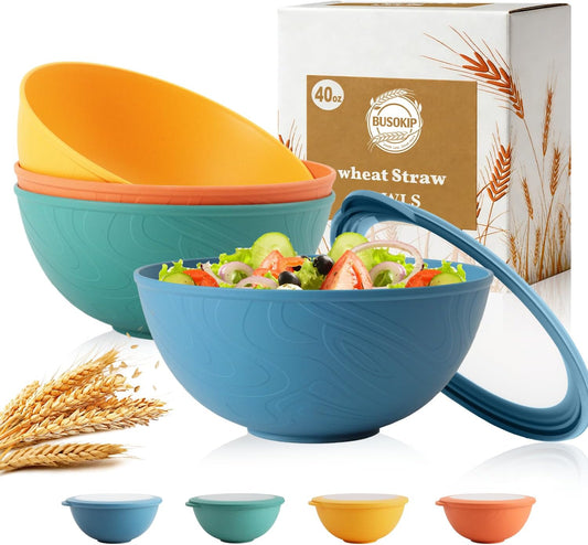 Wheat Straw Bowls 40 OZ, Unbreakable Salad Container for Lunch, Plastic Bowls with Lids, Microwavable Meal Prep Bowls for Cereal, Ramen, Soup, Leftovers - 4 Large Bowls and 4 Lids, Multi