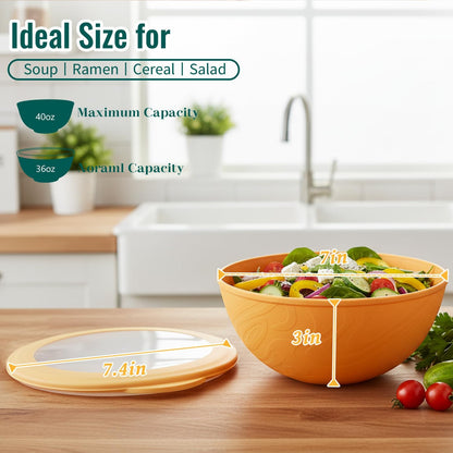 Wheat Straw Bowls 40 OZ, Unbreakable Salad Container for Lunch, Plastic Bowls with Lids, Microwavable Meal Prep Bowls for Cereal, Ramen, Soup, Leftovers - 4 Large Bowls and 4 Lids, Multi