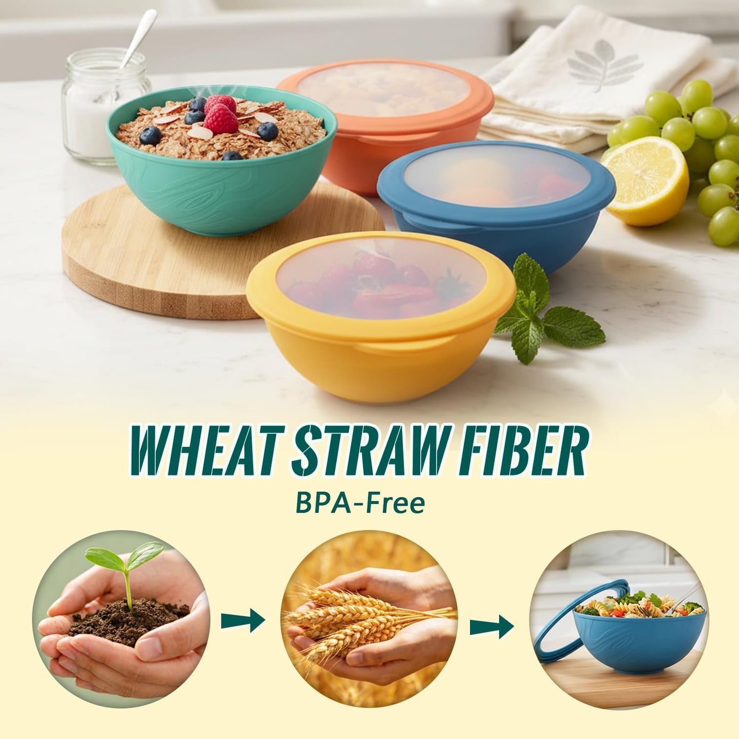 Wheat Straw Bowls 40 OZ, Unbreakable Salad Container for Lunch, Plastic Bowls with Lids, Microwavable Meal Prep Bowls for Cereal, Ramen, Soup, Leftovers - 4 Large Bowls and 4 Lids, Multi