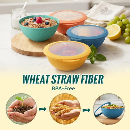 Wheat Straw Bowls 40 OZ, Unbreakable Salad Container for Lunch, Plastic Bowls with Lids, Microwavable Meal Prep Bowls for Cereal, Ramen, Soup, Leftovers - 4 Large Bowls and 4 Lids, Multi