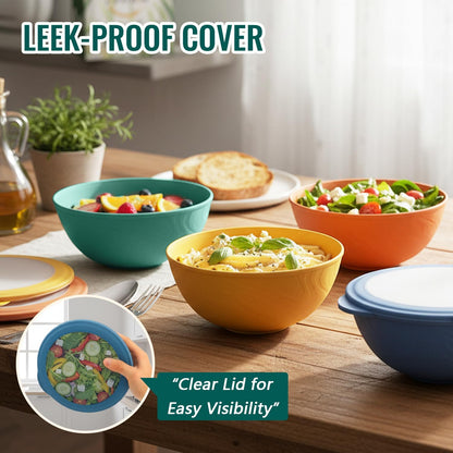 Wheat Straw Bowls 40 OZ, Unbreakable Salad Container for Lunch, Plastic Bowls with Lids, Microwavable Meal Prep Bowls for Cereal, Ramen, Soup, Leftovers - 4 Large Bowls and 4 Lids, Multi